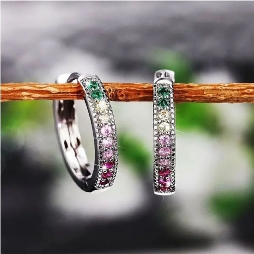 Multi Colored Minimalist hoop huggie earrings in 925 and cubic zirconia